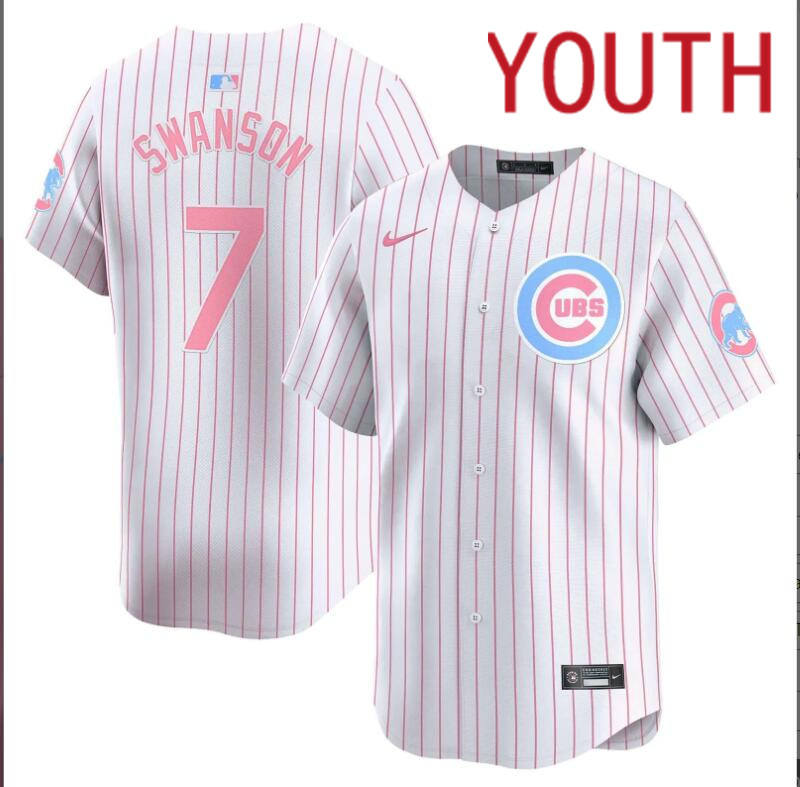 Youth Chicago Cubs #7 Swanson white with red strips 2024 Nike MLB jersey